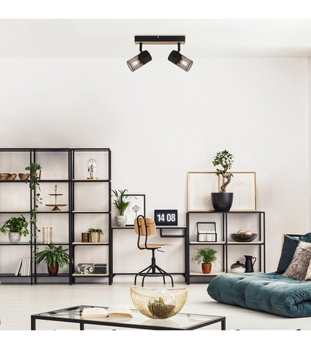 Индустриален спот 2xE14 – метал и дърво в цвят дъб с черни абажури