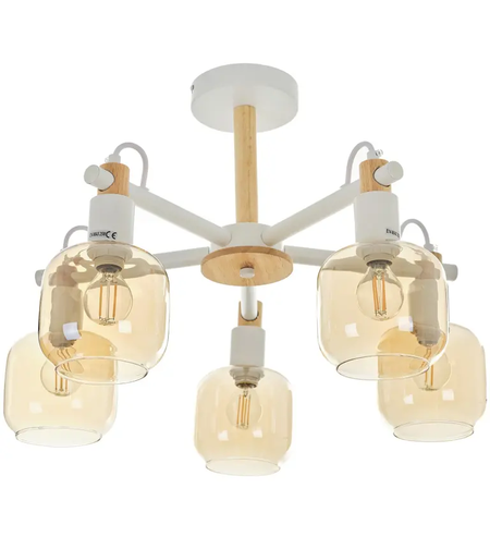 Винтидж таванен полилей – бял метал, дърво и прозрачно стъкло, 5xE14