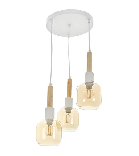 Винтидж висящ полилей 3xE14 – бял метал и дърво, регулируема височина