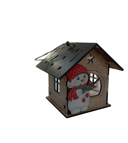 Дървена Коледна Къщичка-Свещник със Снежен Човек – Рустик Стил с LED Ефект