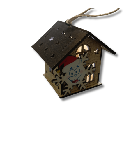 Дървена Коледна Къщичка-Свещник със Снежинка– Рустик Стил с LED Ефект