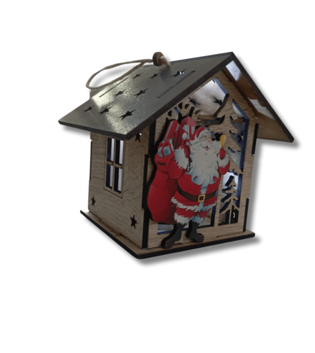 Дървена Коледна Къщичка-Свещник с Дядо Коледа – Рустик Стил с LED Ефект