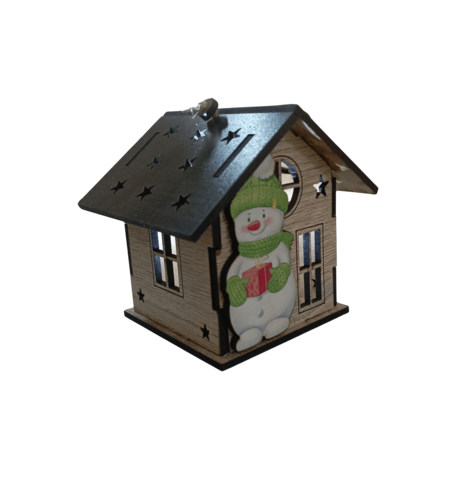 Дървена Коледна Къщичка-Свещник със Снежен Човек – Рустик Стил с LED Ефект