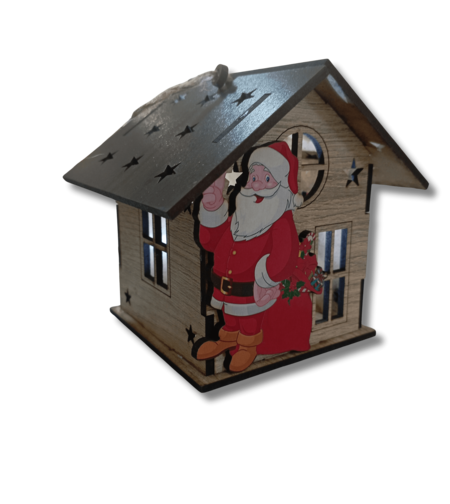 Дървена Коледна Къщичка-Свещник с Дядо коледа – Рустик Стил с LED Ефект