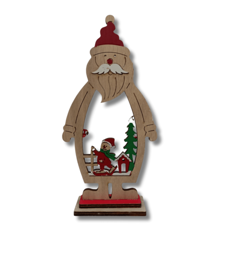 Дървена Коледна Декорация – Ажурна Фигурка Дядо Коледа с Миниатюрна Сцена