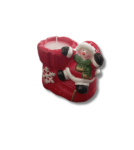 Коледна Декоративна Свещ в Червен Керамичен Калъф със Снежен Човек