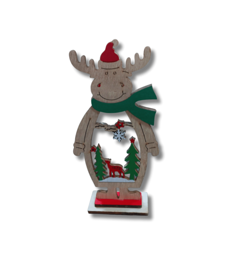 Дървена Коледна Декорация – Ажурна Фигурка Еленче с Миниатюрна Сцена – Рустик Стил