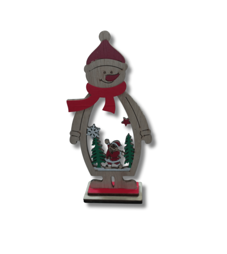 Дървена Коледна Декорация – Ажурна Фигурка Снежен човек с Миниатюрна Сцена – Рустик Стил