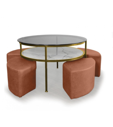 Комплект от четири табуретки и холна маса със стъклен плот