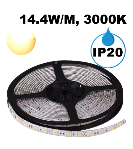 LED лента 14.4W/m, 3000K, 5м, 12V DC, Топло бяла светлина, Водоустойчива IP65, 60 LEDs/m, 120°, SMD 5050