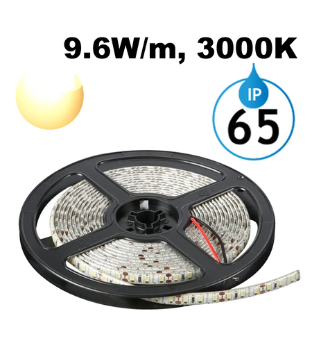 LED лента 9.6W/m, 3000K, 5м, 12V DC, Топло бяла светлина, Водоустойчива IP65, 120 LEDs/m, 120°, SMD 2835