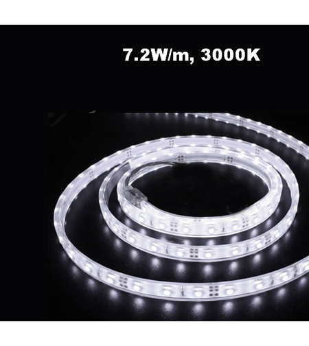LED лента 7.2W/m, 3000K, 5м, 12V DC, Топло бяла светлина, Водоустойчива IP65, 30 LEDs/m, 120°, SMD 5050