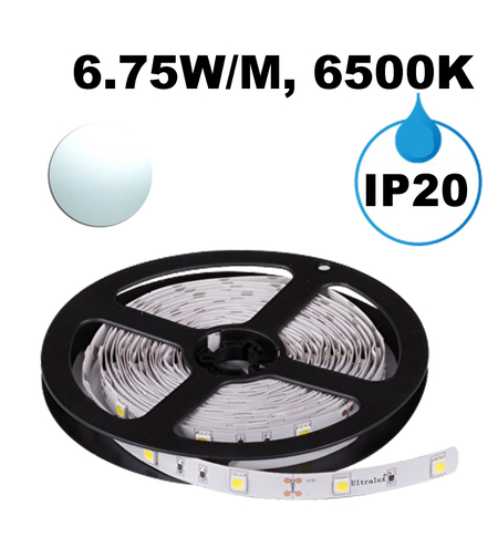 LED ЛЕНТА, 6.75W/M, 6500K, 12V DC, SMD5050, 30 LEDS/M, IP20