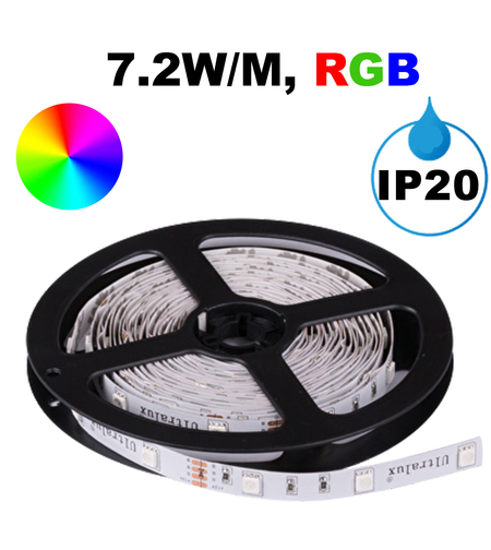 LED лента 7.2W/m, RGB, 5м, 12V DC, Неводоустойчива, 30 LEDs/m, 120°, SMD 5050