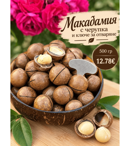 Макадамия с черупка и ключе за отваряне