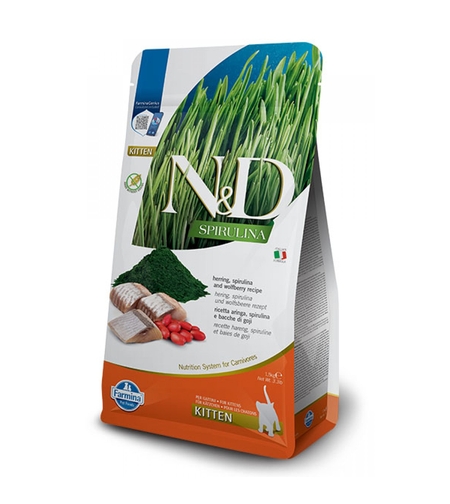 N&D Spirulina Herring & Wolfberry Kitten – храна за котенца до 1 година, с херинга, спирулина и годжи бери, 1.5 kg