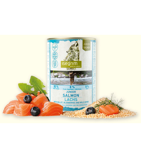 Isegrim Junior Salmon, Millet & Blueberries- консерва за подрастващи кученца със сьомга, птиче, сорго и боровинки 800г