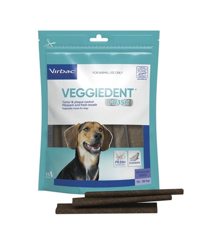 Virbac Veggiedent Fresh M – дентални стикове/ламели  за кучета 10–30 kg, 15 бр.