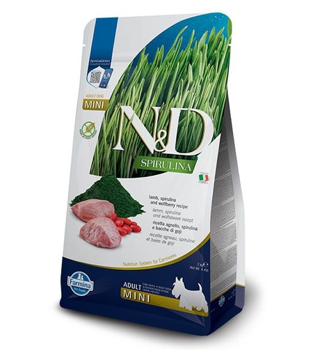 N&D Spirulina Lamb Adult Mini – Храна за кучета от мини породи с агнешко, спирулина и годжи бери 2 кг