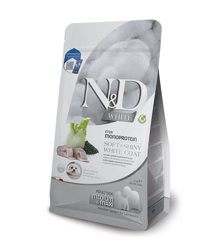 N&D White Dog Sea Bass Adult Medium & Maxi – Храна за кучета от средни и едри породи с бяла козина, лаврак, спирулина и фенел 7кг