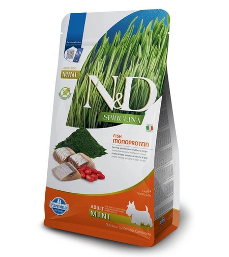 N&D Spirulina Herring Adult Mini – Храна за кучета от мини породи с херинга, спирулина и годжи бери 2 кг