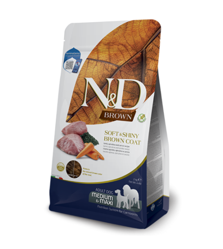 N&D Brown Dog Lamb Adult Medium & Maxi – Храна за кучета от средни и едри породи с кафява козина, агнешко, спирулина и морков 7кг