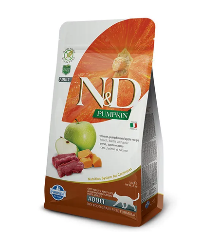 N&D Pumpkin Venison & Apple Cat Adult – храна за котки над 1 година с еленско месо, тиква и ябълки, 300 g / 1.5 kg / 5 kg