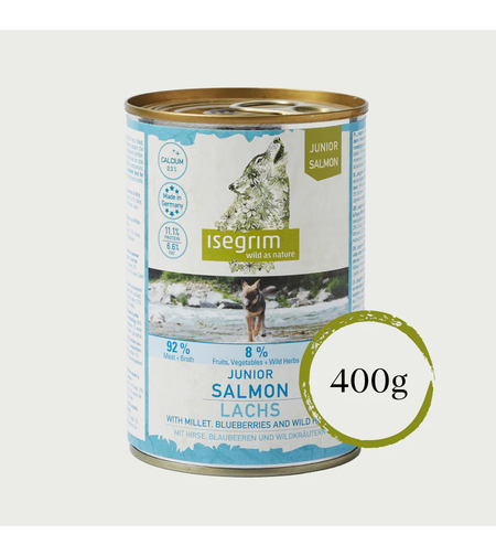 Isegrim Junior Salmon, Millet & Blueberries- консерва за подрастващи кученца със  сьомга, птиче, сорго и боровинки 400г