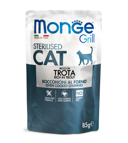 Monge Grill Sterilised Trout – пауч с пъстърва за кастрирани котки, 85 g
