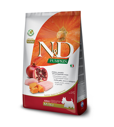 N&D Pumpkin Chicken & Pomegranate Adult Mini – храна за кучета, с пилешко, тиква и нар, за дребни породи, 0.800 g / 2.5 kg / 7 kg