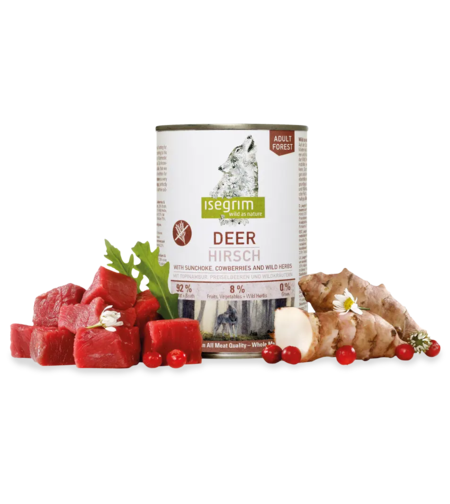 Isegrim Adult Deer, Sunchoke & Cowberries - консерва за израснали кучета. С еленско, земна ябълка, боровинки и билки 800г
