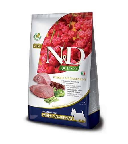 N&D Quinoa Weight Management Lamb Adult Mini Breeds – храна за кучета за контрол на теглото, с агнешко, за дребни породи, 0.800 kg / 7 kg