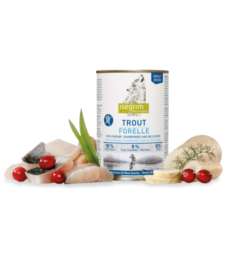 Isegrim Adult Trout, Parsnip & Cranberries - консервирана храна за израснали кучета. С пъстърва, птиче, пащърнак и червени боровинки 800г