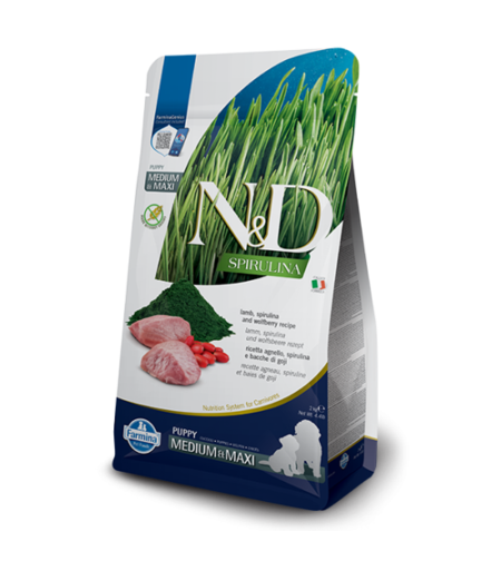 N&D Spirulina Lamb Puppy Medium & Maxi – Храна за подрастващи кученца от средни и едри породи с агнешко, спирулина и годжи бери 7 кг