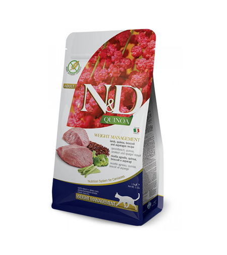 N&D Quinoa Weight Management Lamb Cat Adult – храна за котки над 1 година за контрол на теглото, с агнешко, киноа, броколи и аспержи, 300 g / 1.5 kg / 5 kg
