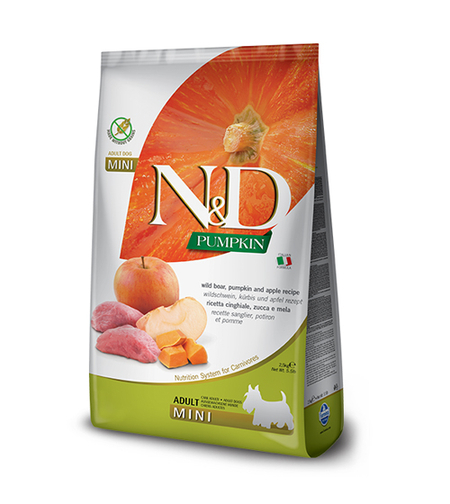 N&D Pumpkin Boar & Apple Adult Mini – храна за кучета с глиган и ябълка, за дребни породи, 0.800 g / 2.5 kg / 7 kg