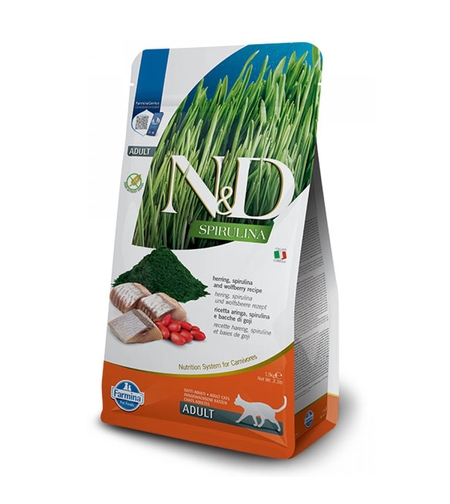 N&D Spirulina Herring & Wolfberry Cat Adult – храна за котки над 1 година с херинга, спирулина и годжи бери, 1.5 kg