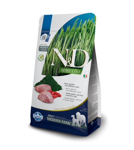 N&D Spirulina Lamb Adult Medium & Maxi – Храна за кучета от средни и едри породи с агнешко, спирулина и годжи бери 7кг