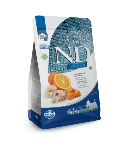 N&D Ocean Cod & Pumpkin, Orange Adult Mini – храна за кучета от дребни породи с треска, тиква и портокал – 800 г / 2.5 кг / 7 кг