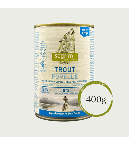 Isegrim Adult Trout, Parsnip & Cranberries -  консервирана храна за израснали кучета. С пъстърва, птиче, пащърнак и червени боровинки 400г