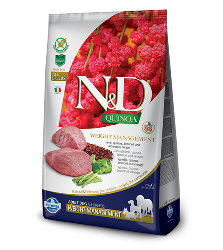 N&D Quinoa Weight Management Lamb Adult Medium & Maxi – храна за кучета за контрол на теглото, с агнешко, за средни и големи породи, 2.5 kg / 7 kg