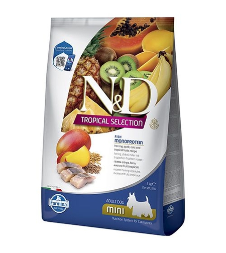 N&D Tropical Selection Herring & Tropical Fruits Adult Mini – храна за кучета, с херинга и тропически плодове, за дребни породи, 1.5 kg / 5 kg