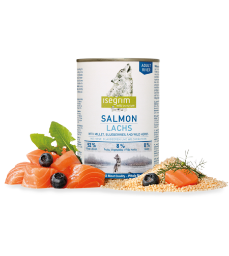 Isegrim Adult Salmon, Millet & Blueberries-консерва за израснали кучета със сьомга, птиче, сорго и боровинки 800г