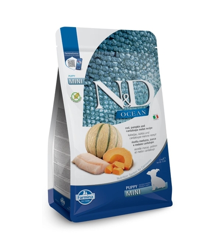 N&D Ocean Cod  Puppy Mini – Храна за подрастващи кучета до 1 година от дребните породи, с тиква, риба треска и пъпеш – 800 г / 2.5 кг / 7 кг