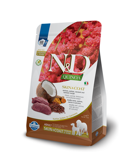 N&D Quinoa Skin & Coat Venison Adult Medium & Maxi – храна за кучета за кожа и козина, с вкус еленско, за средни и големи породи, 2.5 kg / 7 kg