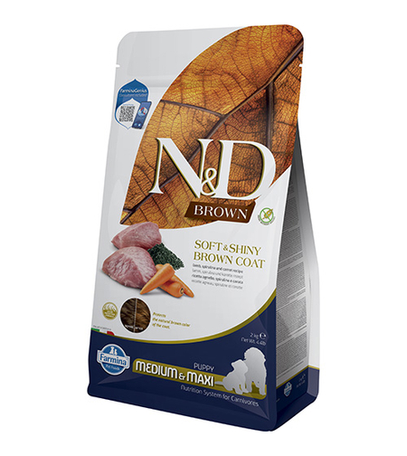 N&D Brown Dog Lamb Puppy Medium & Maxi – Храна за подрастващи кученца от средни и едри породи с кафява козина, агнешко, спирулина и морков 2кг