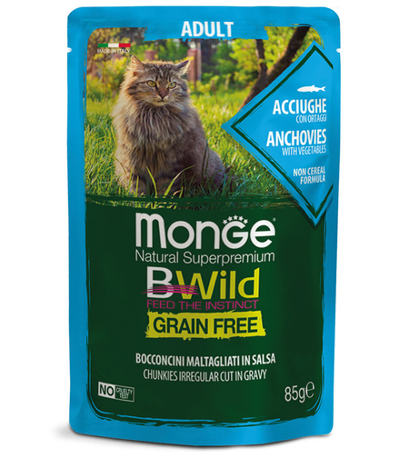 Monge BWILD Grain Free Adult с аншоа и зеленчуци – пауч с хапки в сос  85 г