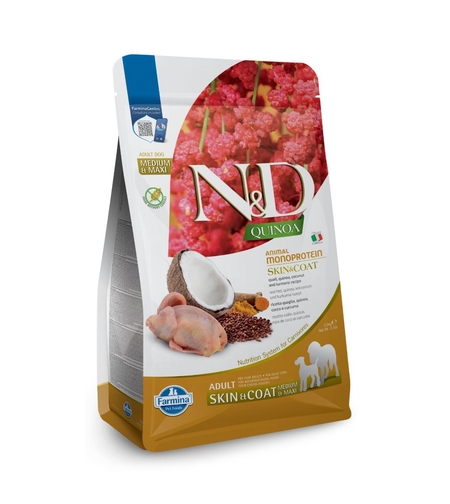 N&D Quinoa Monoprotein Skin & Coat Quail Adult Medium & Maxi – храна за кучета за кожа и козина, с вкус пъдпъдък, за средни и големи породи, 7 kg