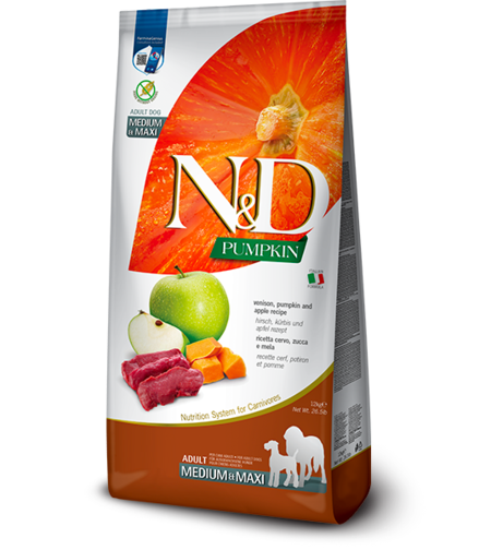 N&D Pumpkin Venison & Apple Adult Medium & Maxi – храна за кучета с еленско и ябълка, 12 kg