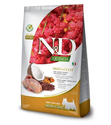 N&D Quinoa Skin & Coat Quail Adult Mini – храна за кучета за кожа и козина, с вкус пъдпъдък, за дребни породи, 0.800 kg / 7 kg